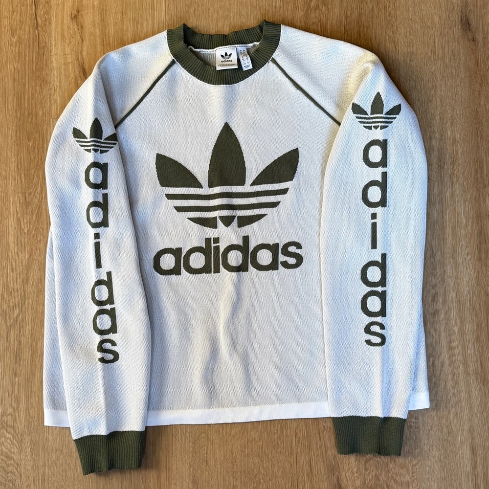 Adidas Olive Green and White Crewneck